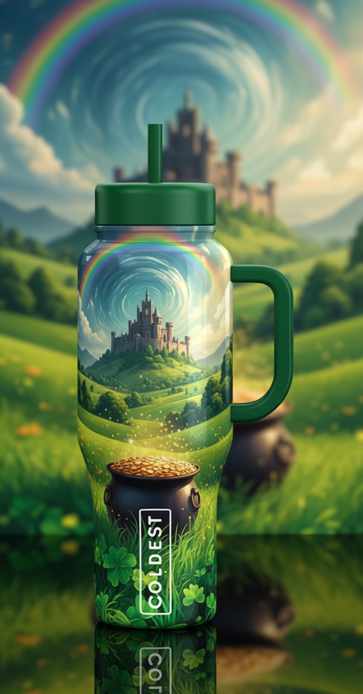 a green 46 oz coldesst tumbler. irish country side... water bottle design