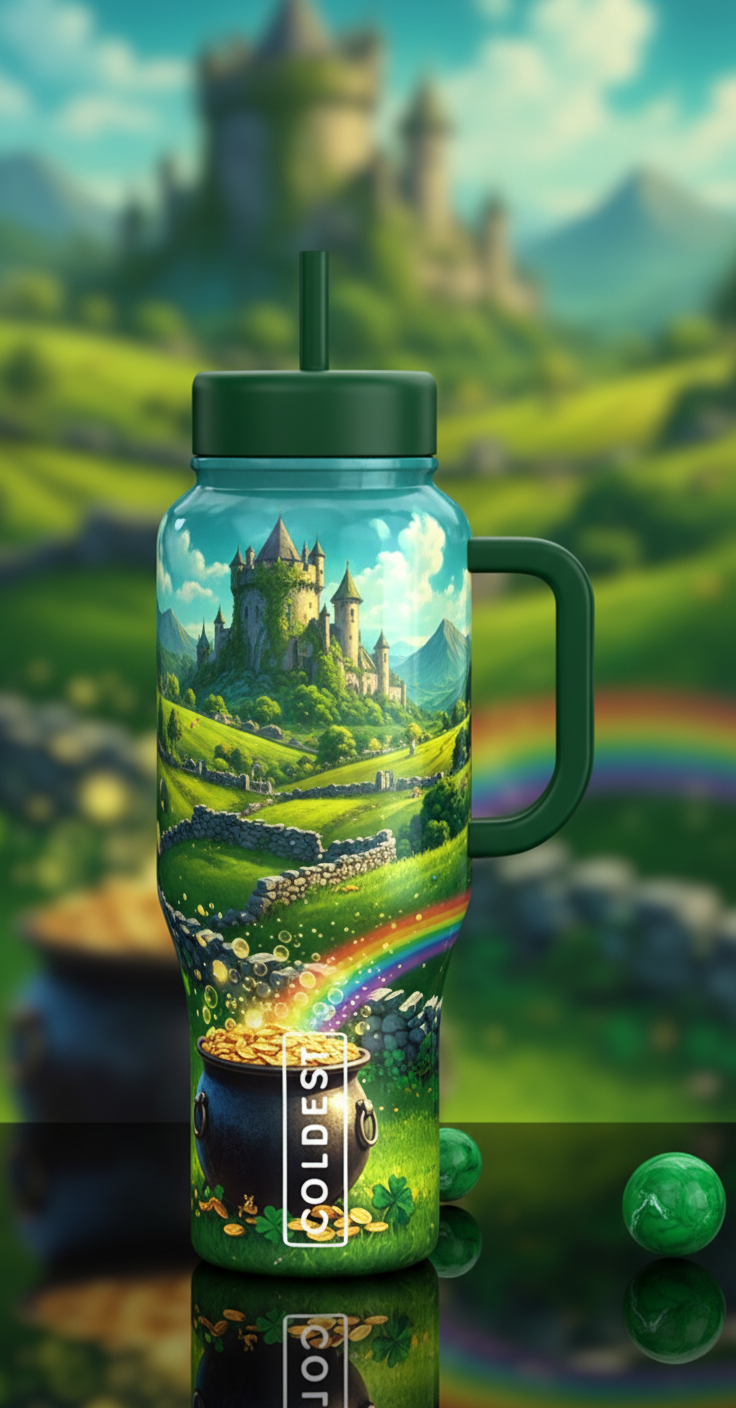 a green 46 oz coldesst tumbler. irish country side... water bottle design