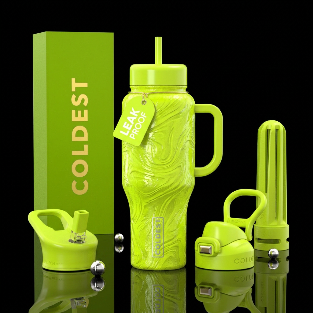 Neon Lime color, swirls,textured,shiny water bottle design