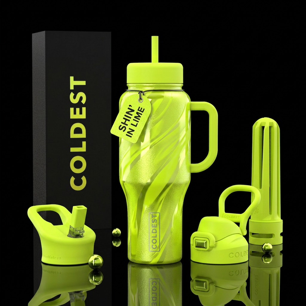 Neon Lime color, swirls,textured,shiny water bottle design