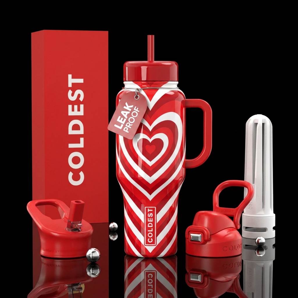 Heart shaped kaleidoscope in red and white,realism... water bottle design