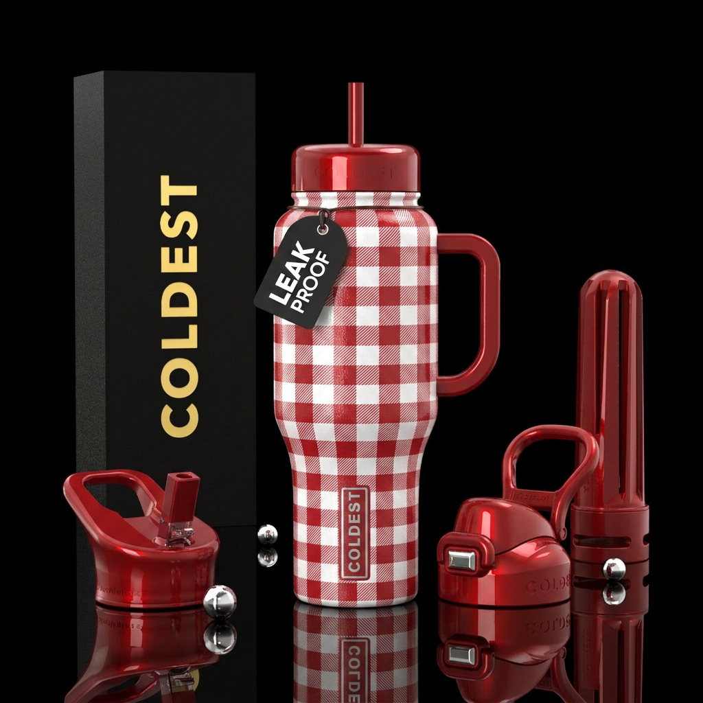 Red and white gingham design,high gloss water bottle design