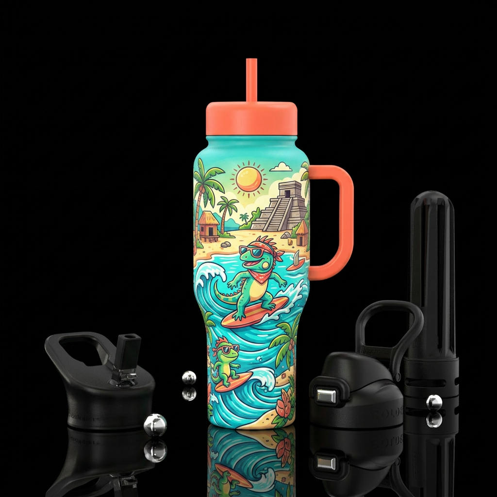 Tulum beach,surfing iguanas,funny, happy mood,cart... water bottle design