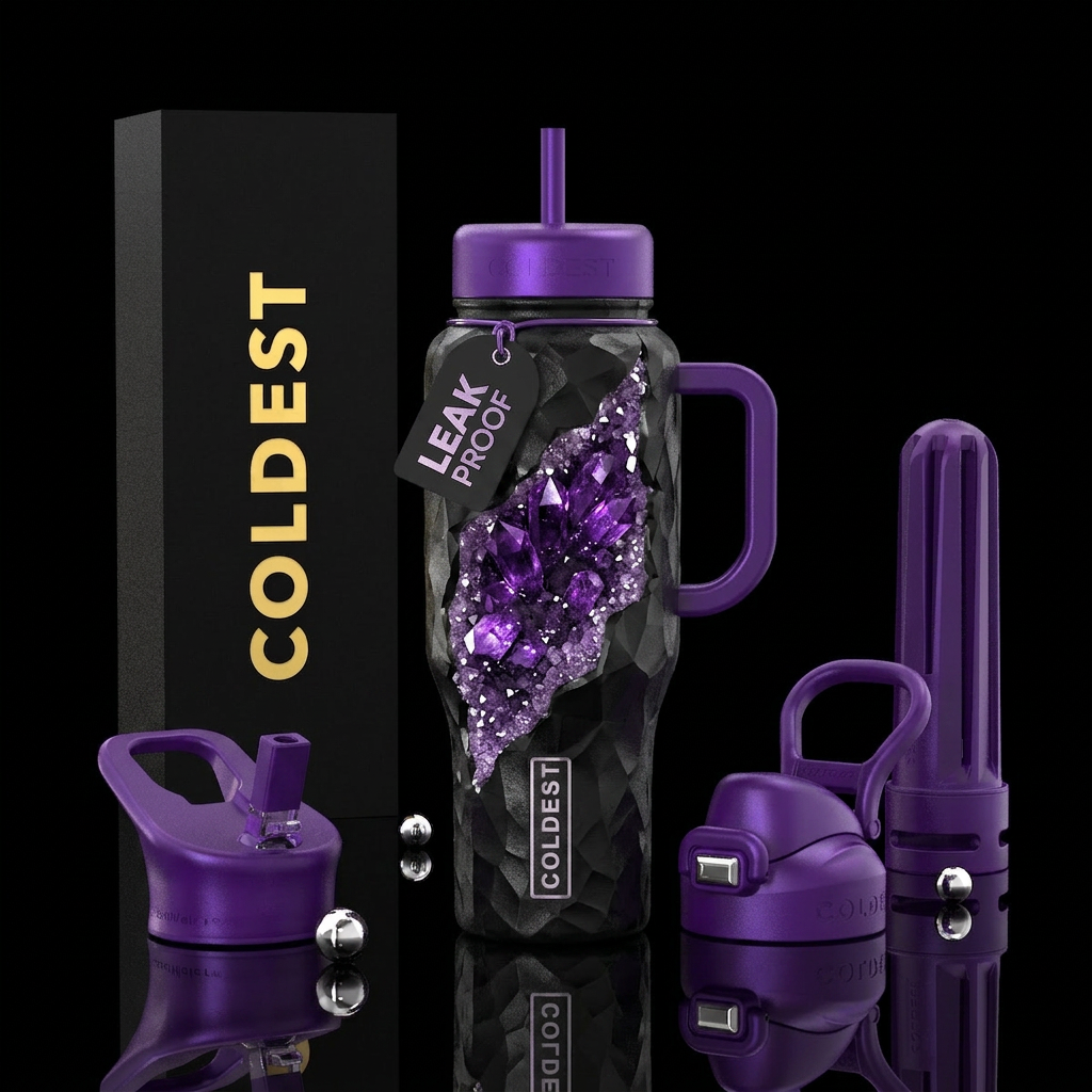 Black background with a large split amethyst spark... water bottle design