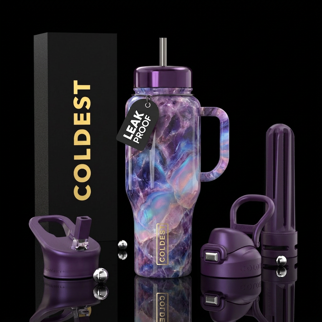 Amethyst crystal background with swirls of opalite water bottle design