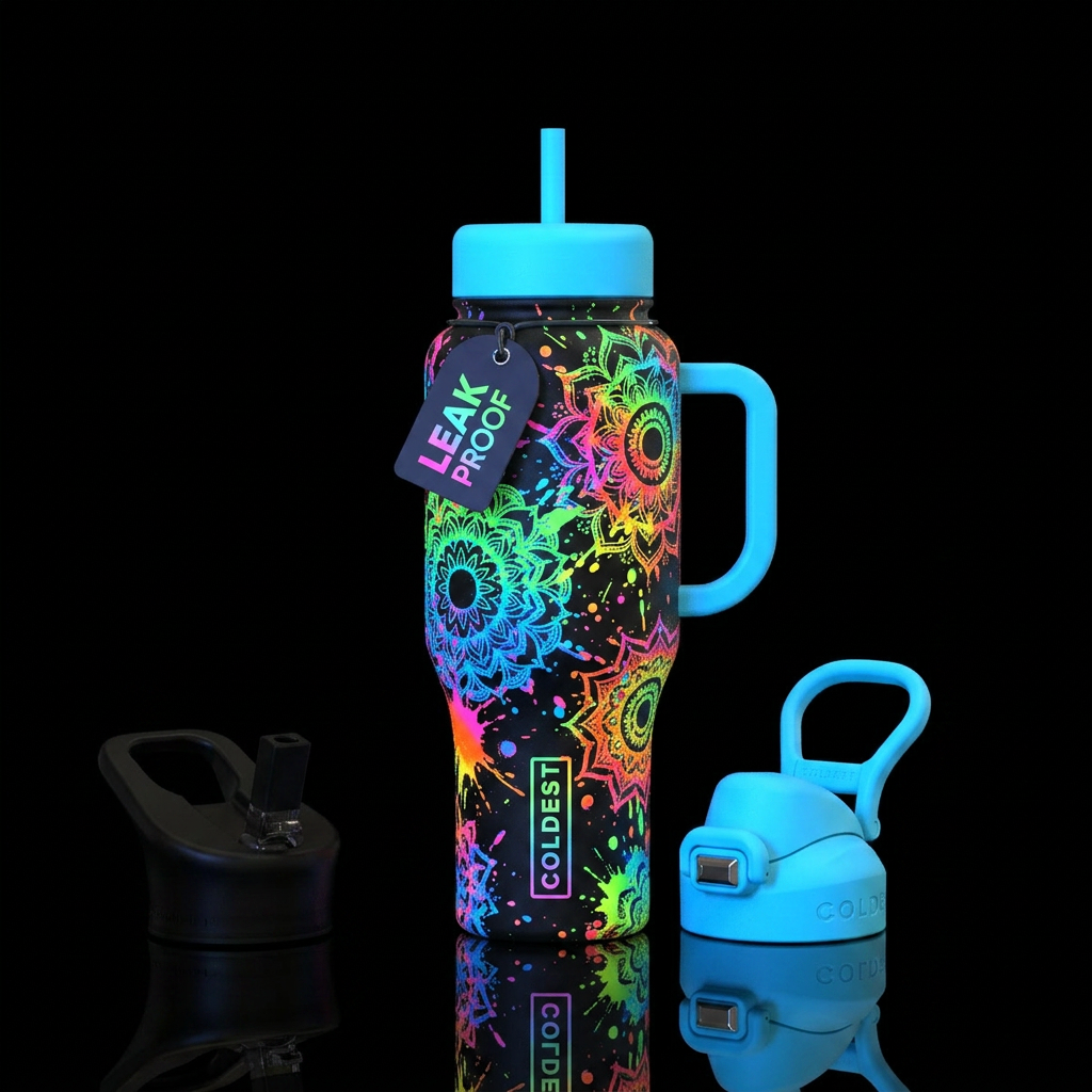 Glowie neon paint splatter Mandalas water bottle design