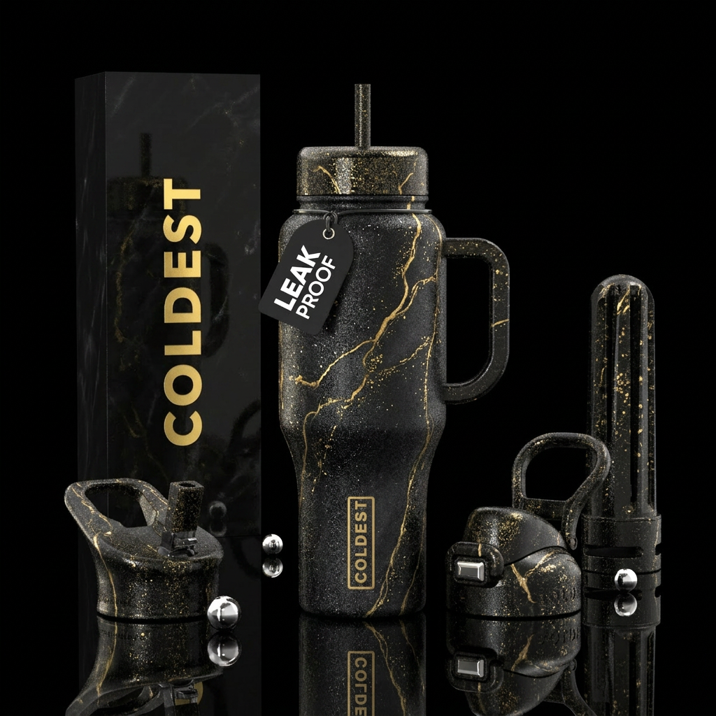 Black sparkly onyx bottle with gold water bottle design