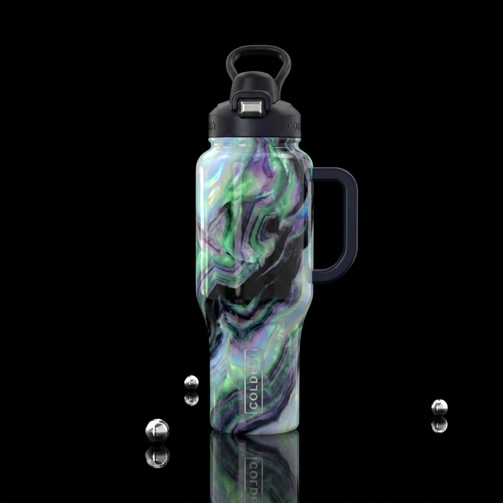 Opalite bottle with swirls of fluorite and Onyx water bottle design
