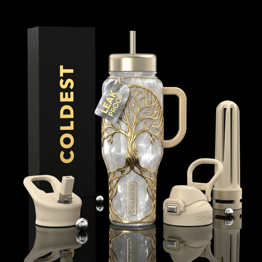 Selenite background with gold tree of life branchi... water bottle design