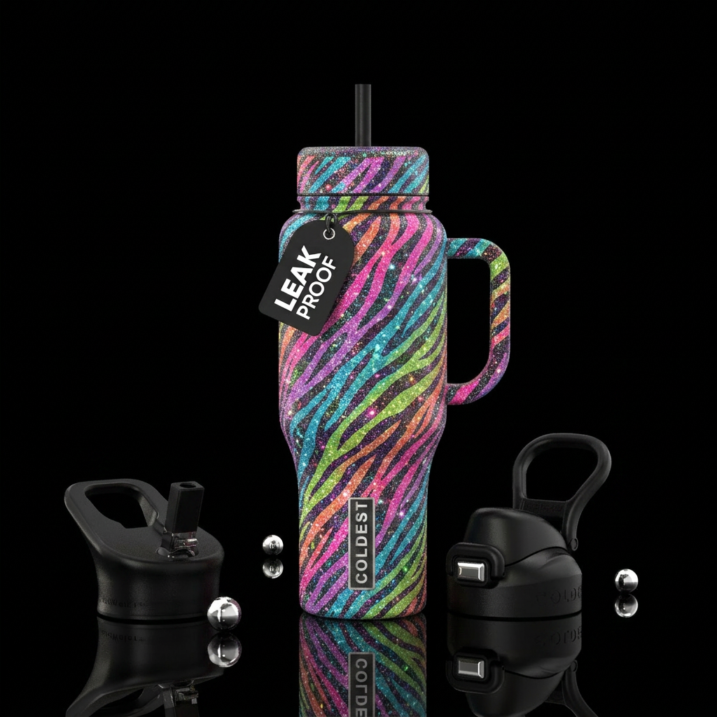 Colorful sparkly zebra water bottle design