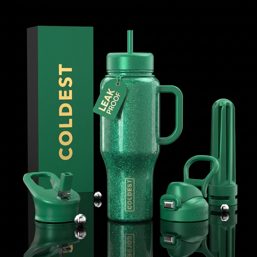 Sparkly emerald green water bottle design