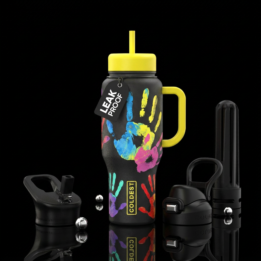 Different size paint hand prints water bottle design