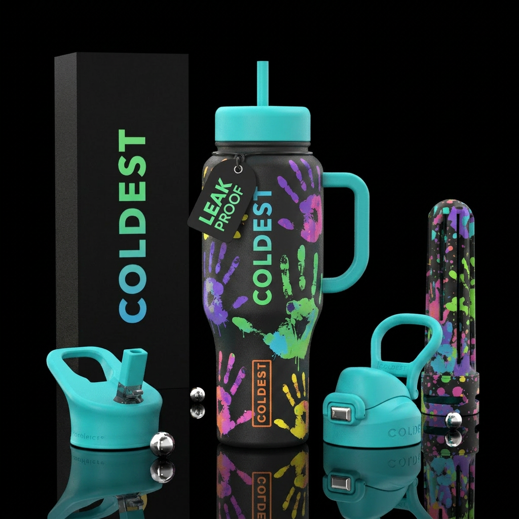 Different size paint hand prints water bottle design