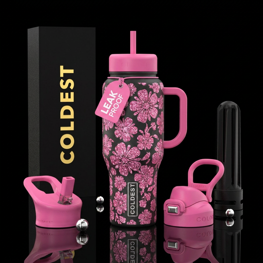 glitter flowers water bottle design