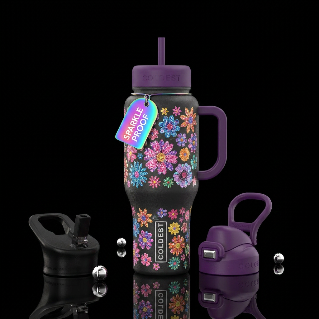 Sparkly flowers water bottle design