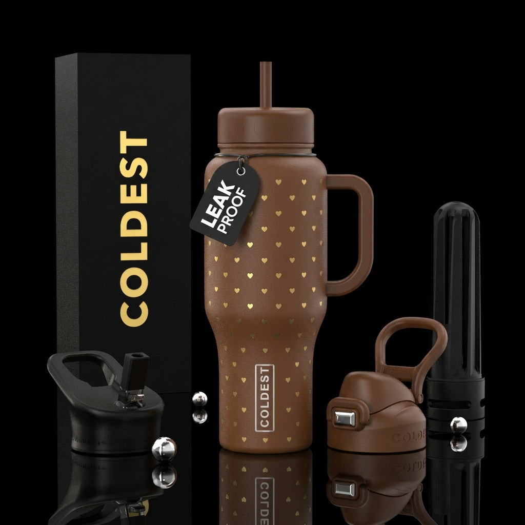 Brown bottle with cute gold tiny hearts water bottle design