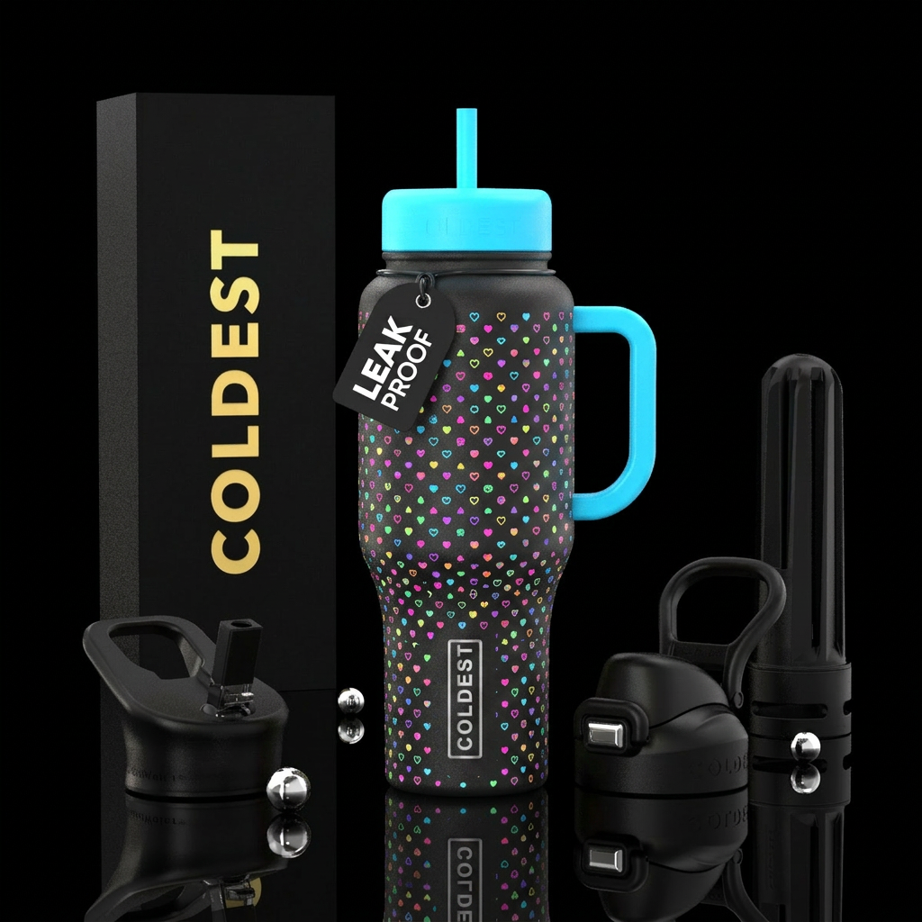 Black bottle with tiny different rainbow neon colo... water bottle design