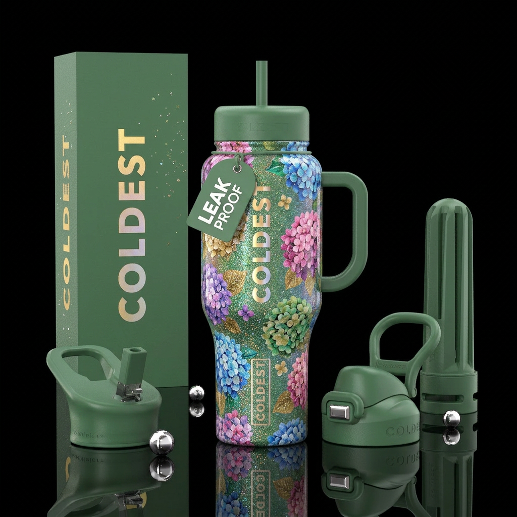 Glittery different color hydrangeas water bottle design