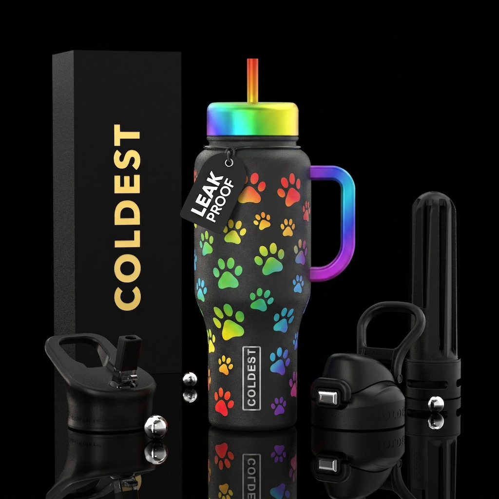 Cat and dog paw prints in rainbow water bottle design
