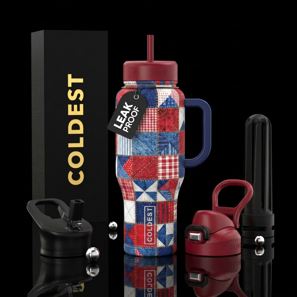 Red white and blue in patchwork quilt water bottle design