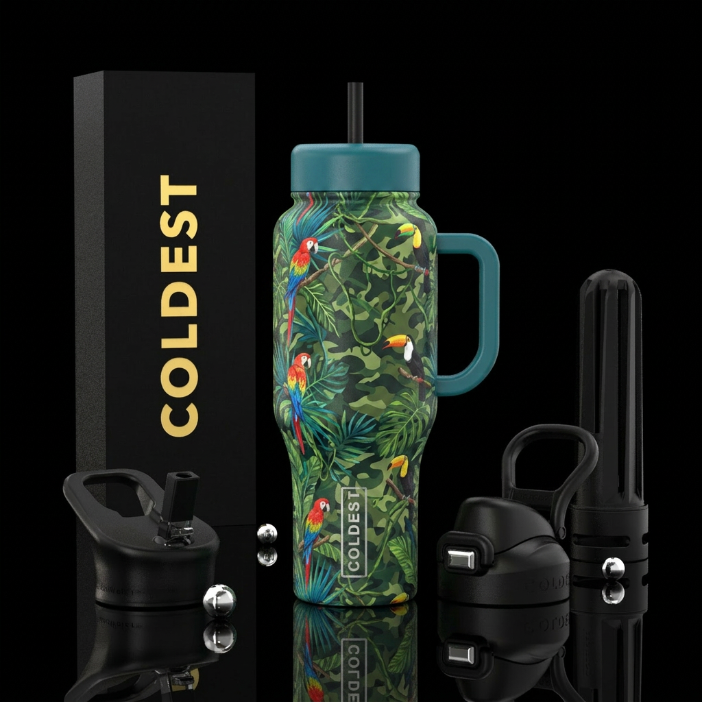 Jungle Hideaway     * Tropical leaves, vines, parr... water bottle design