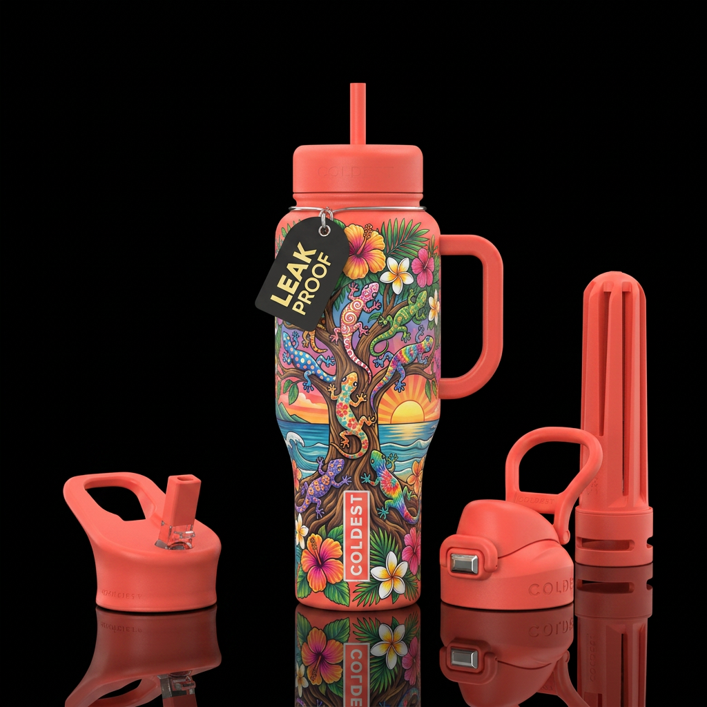 GECKOS ON THE TREE OF LIFE Summer Vibes • Each gec... water bottle design