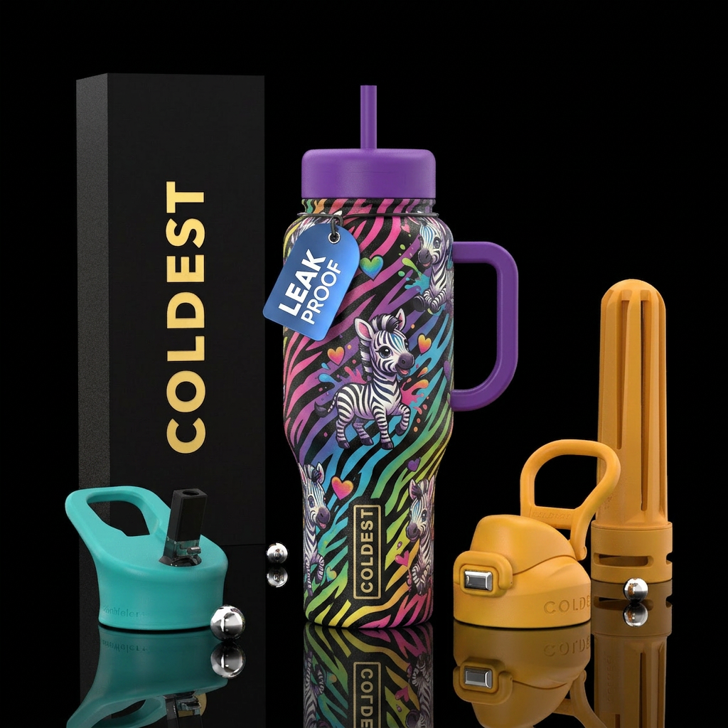 A vibrant rainbow zebra print background with ador... water bottle design