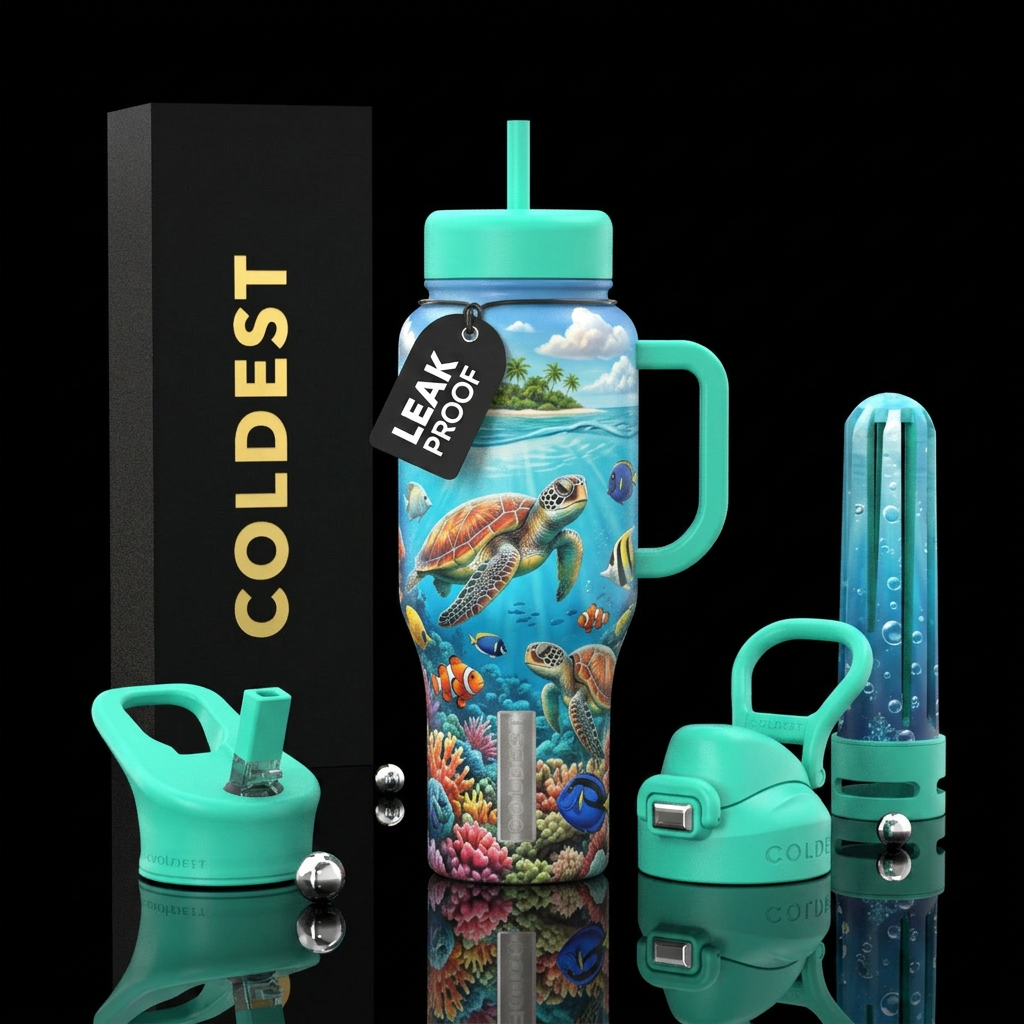 TROPICAL SEA TURTLE PARADISE  Cute sea turtle (mai... water bottle design