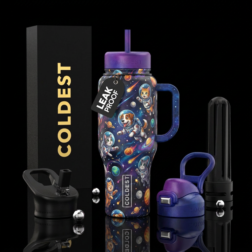 Dogs and cats in space animated water bottle design