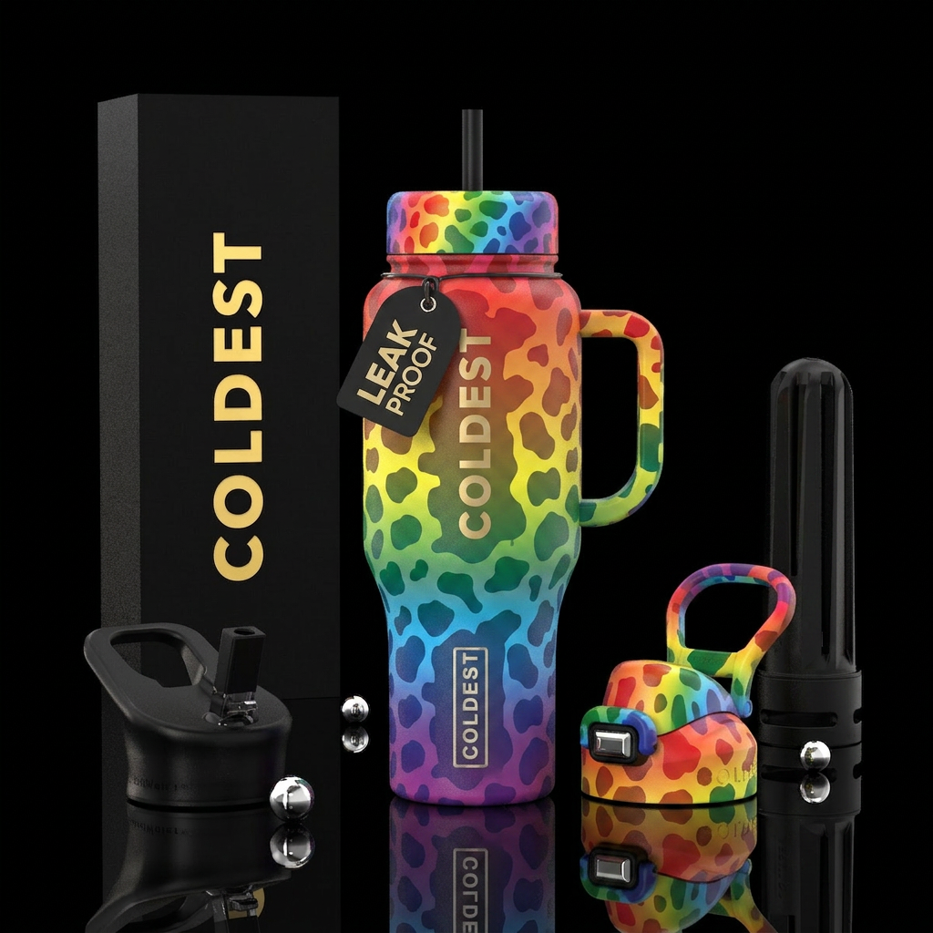 Cup color coral/peach with rainbow cow print water bottle design