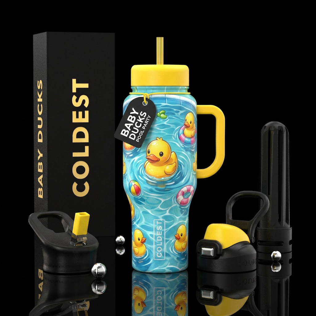 cartoon  baby ducks floating in a pool water bottle design