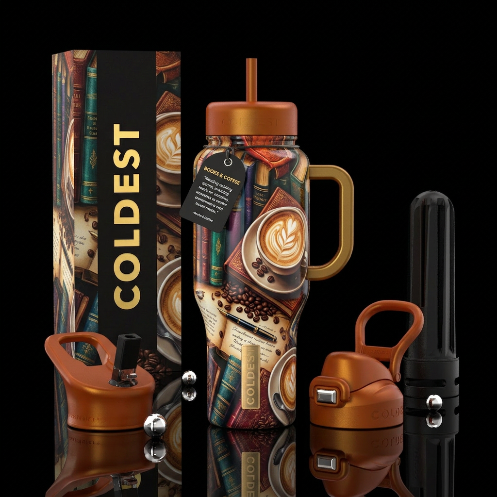 Books & Coffee     * Books, mugs, coffee beans, an... water bottle design