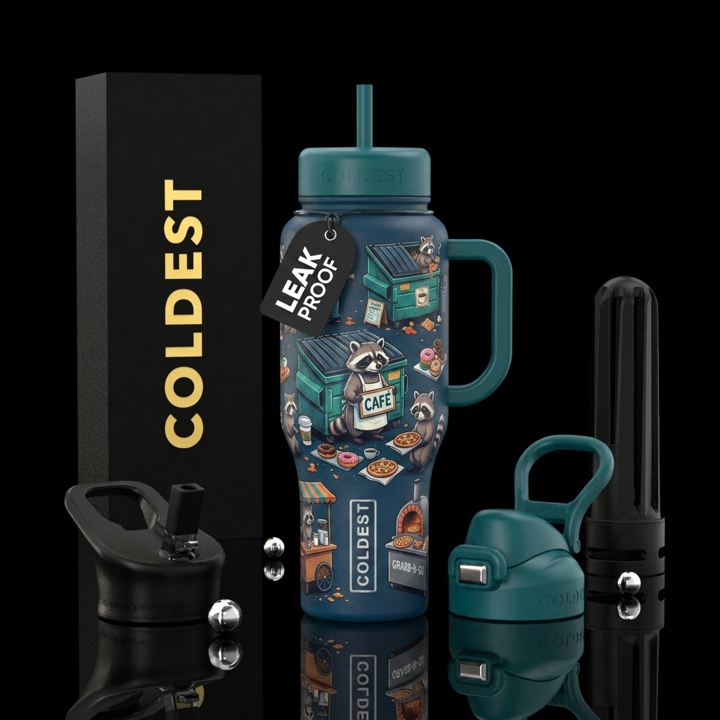 Dumpster Raccoon Café     * Raccoons serving pizza... water bottle design
