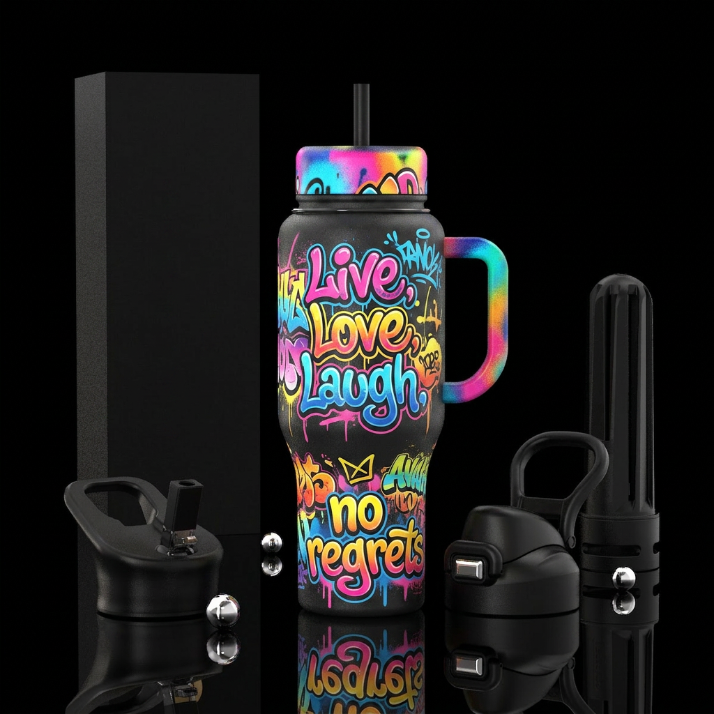 Live, love, laugh, no regrets, in graffiti water bottle design