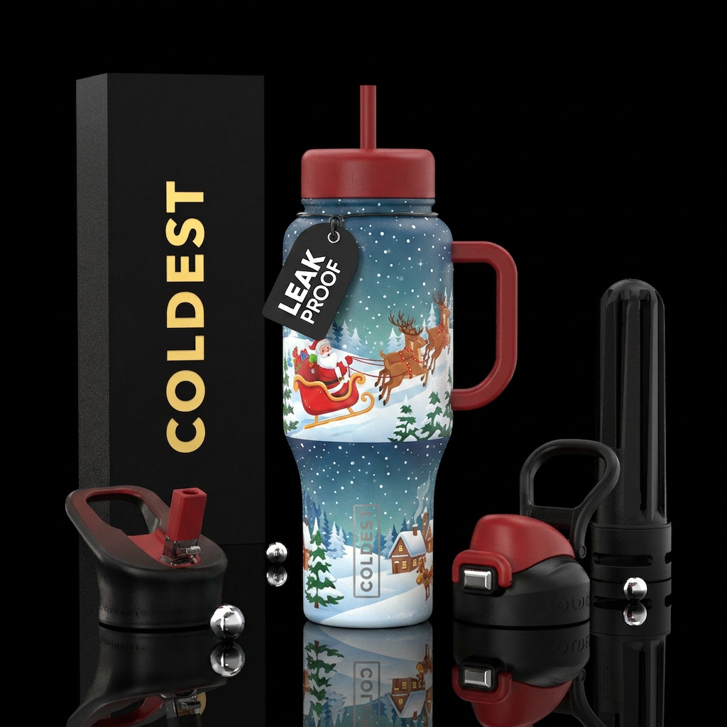 Santa Claus Winter Wonderland cartoon water bottle design