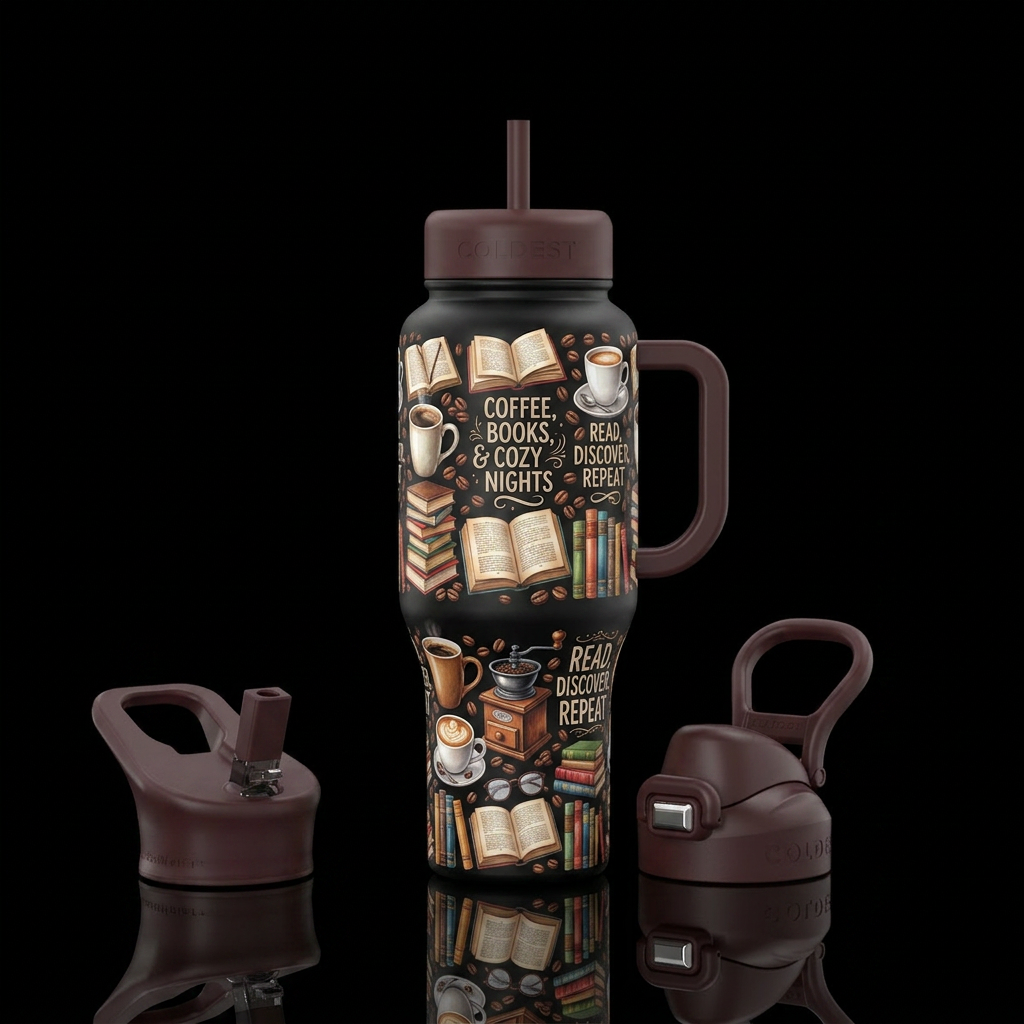 Books & Coffee     * Books, mugs, coffee beans, an... water bottle design