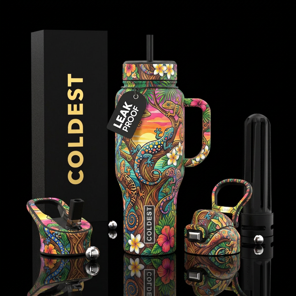 GECKOS ON THE TREE OF LIFE Summer Vibes • Each gec... water bottle design