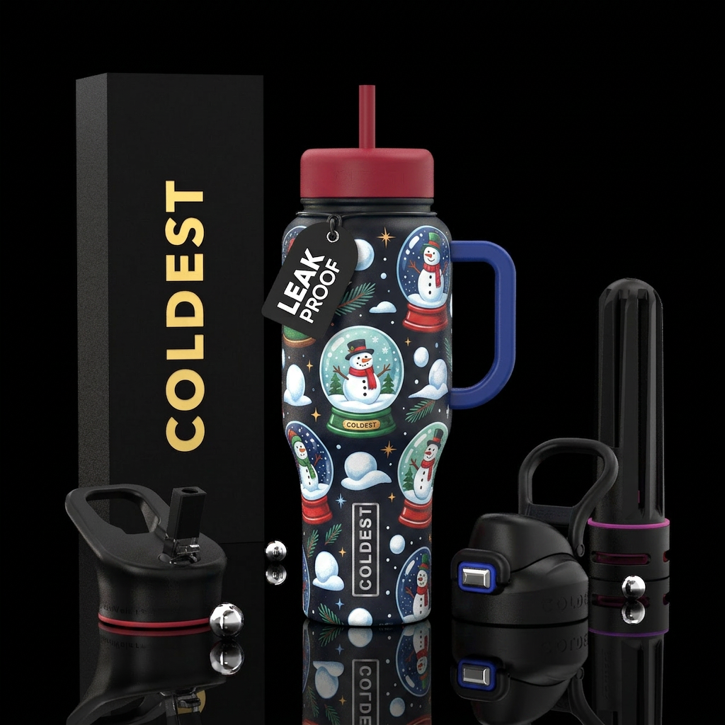 Snowman. Snowballs. Snow globe water bottle design