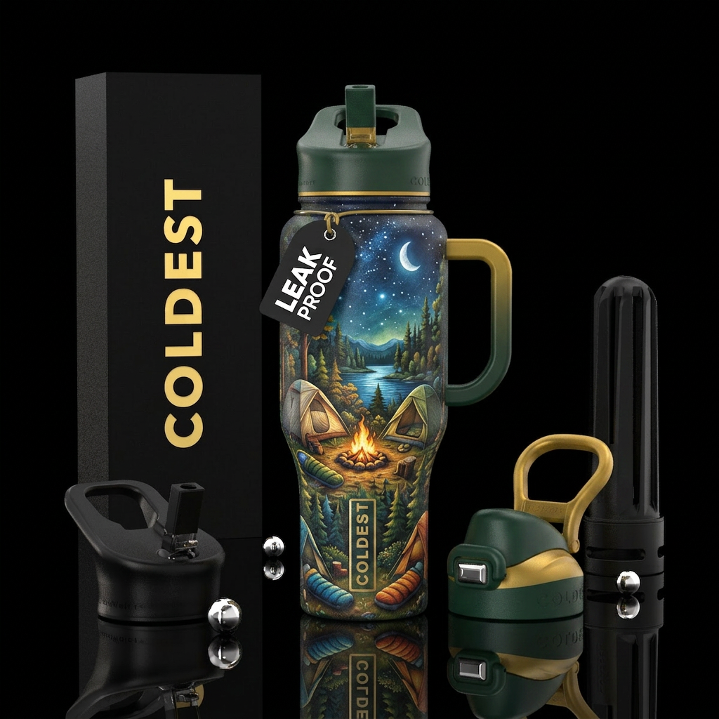 Camping, tense, sleeping bags, campfire, Lake tree... water bottle design