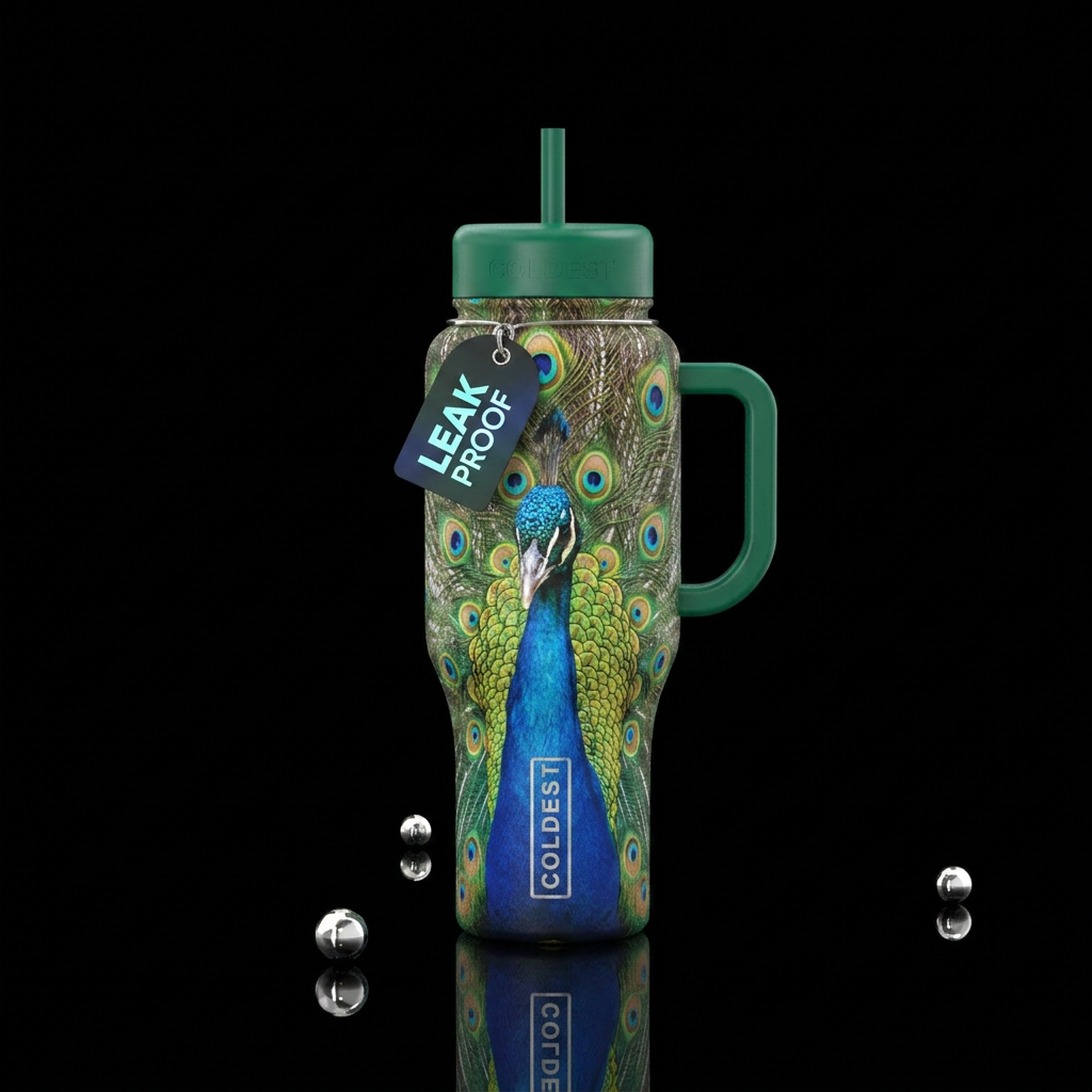 Peacock in bright colors water bottle design