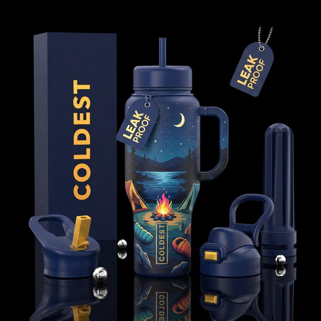 Camping, tense, sleeping bags, campfire, Lake tree... water bottle design