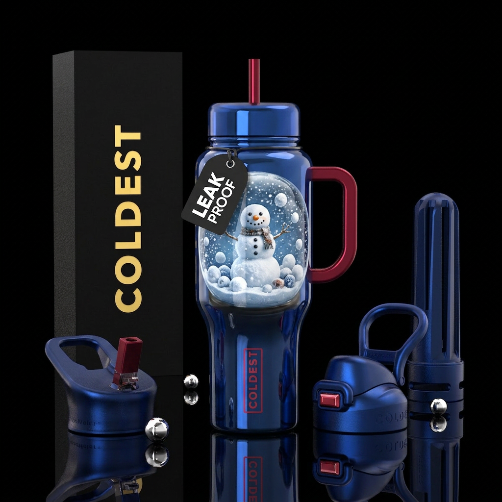 Snowman. Snowballs. Snow globe water bottle design