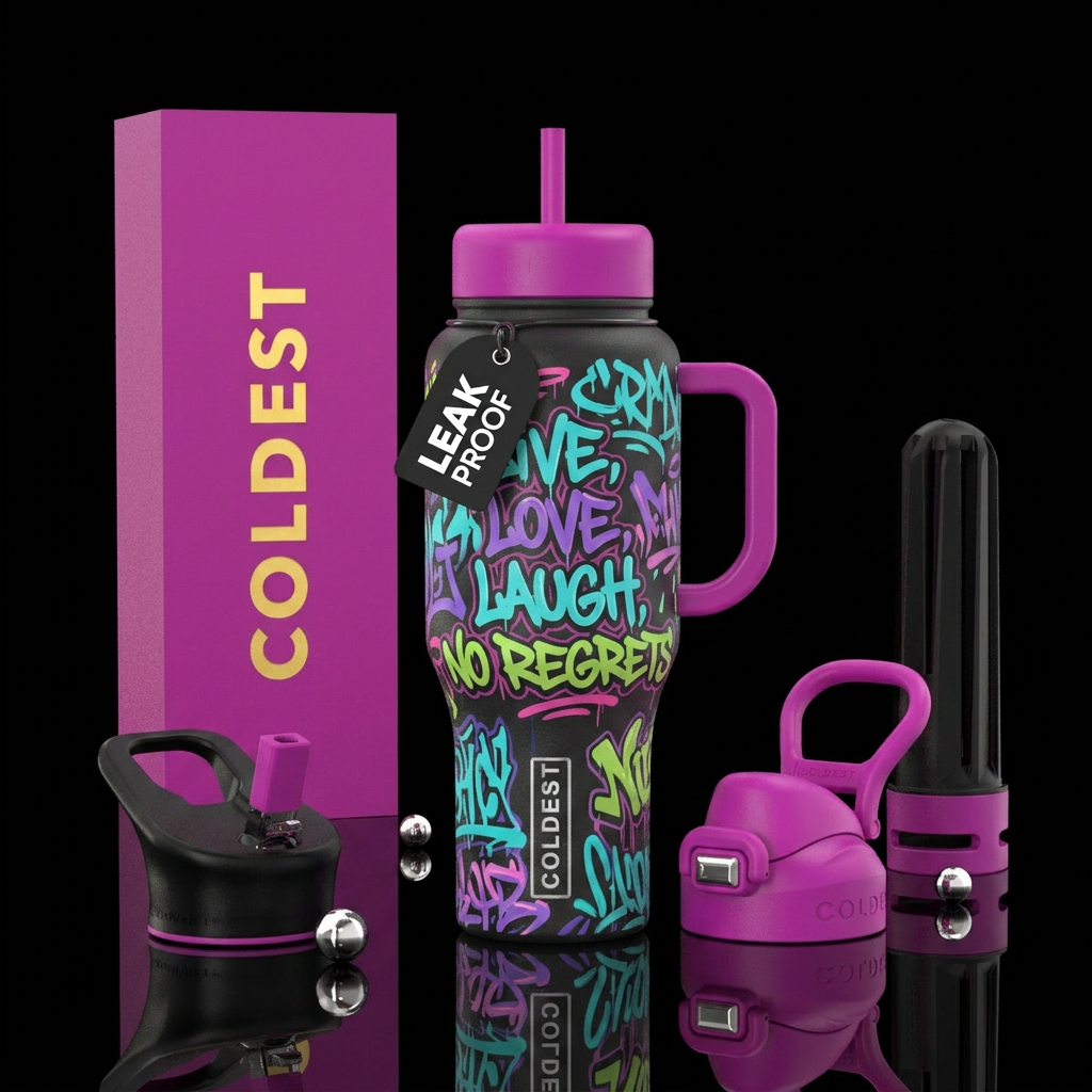 Live, love, laugh, no regrets, in graffiti water bottle design