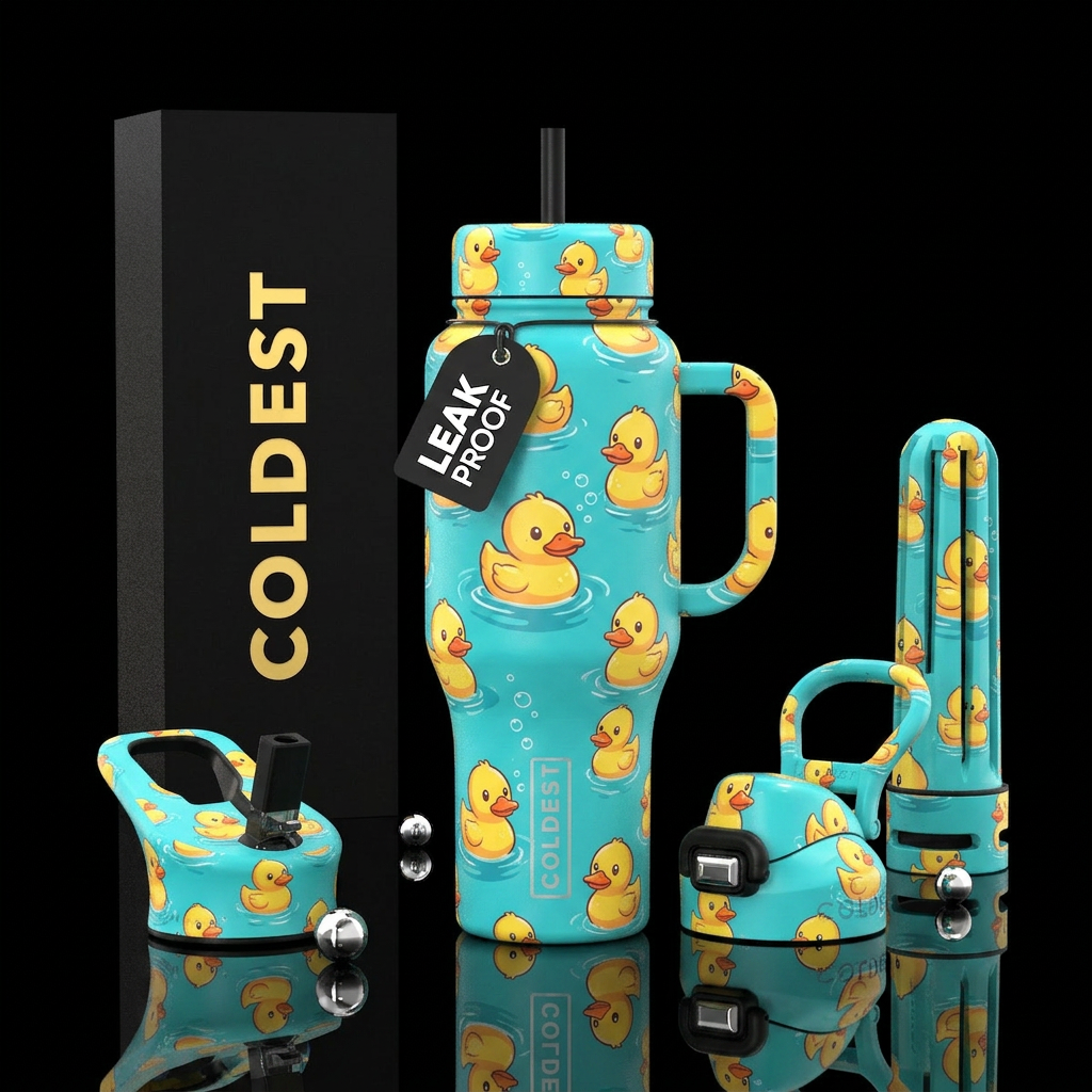 cartoon  baby ducks floating in a pool water bottle design