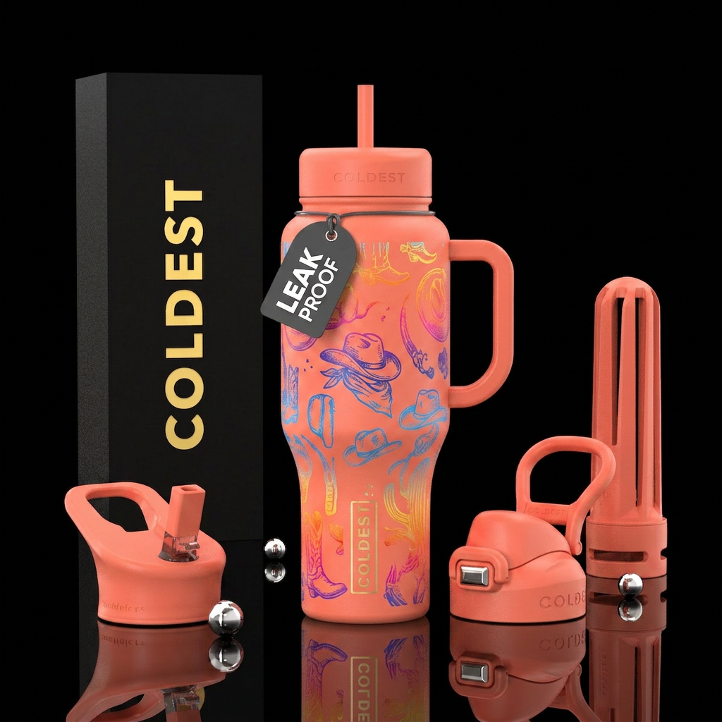 Cup color coral/peach with rainbow cow print water bottle design