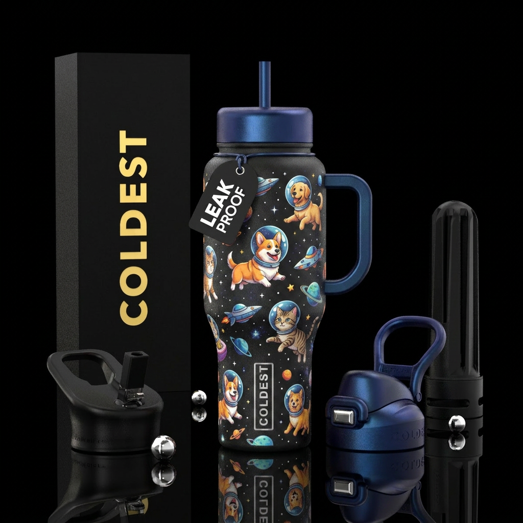 Dogs and cats in space animated water bottle design