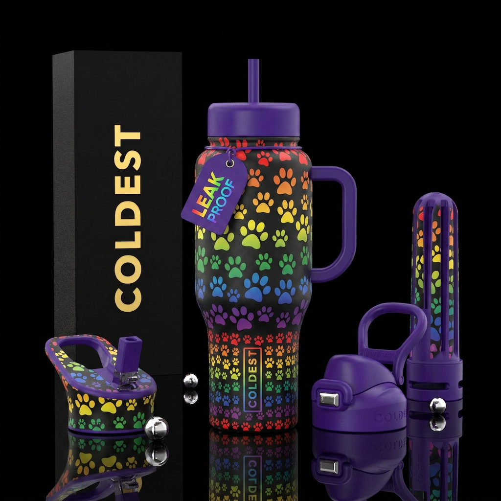 Cat and dog paw prints in rainbow water bottle design