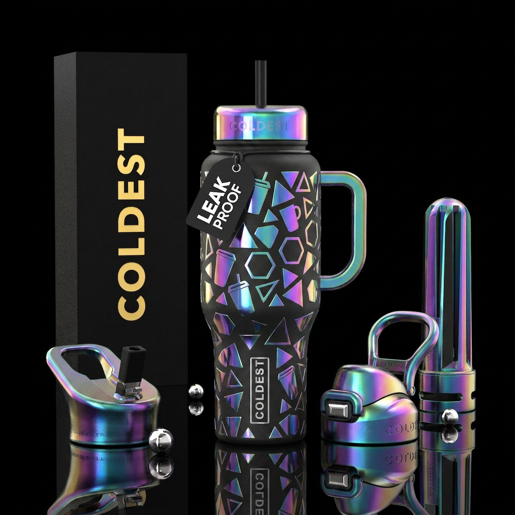 Geometric shapes all over in black cups color in i... water bottle design