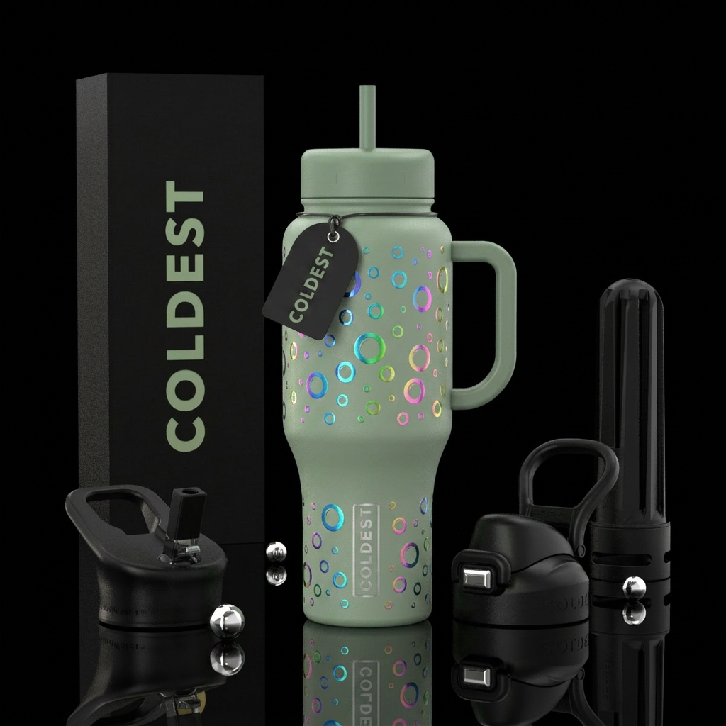 Cup color sage with multi colored bubbles and size... water bottle design