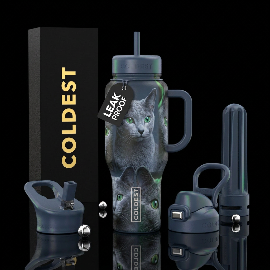 Russian blue cat water bottle design
